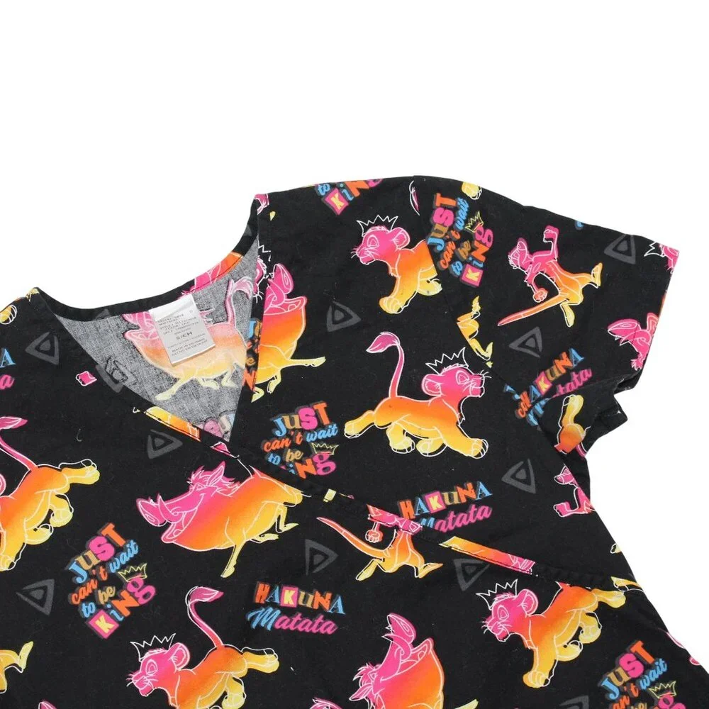 Disney Womens Small Lion King Hakuna Matata Simba Timon Pumbaa Medical Scrub Top - Picture 5 of 9